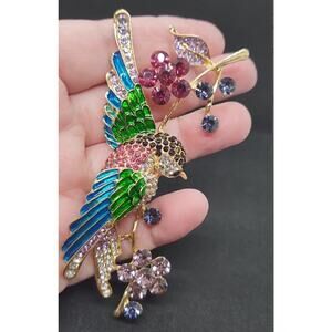Tropical Bird Brooch Fruits Flowers Sitting on a Branch Colorful Rhinestones